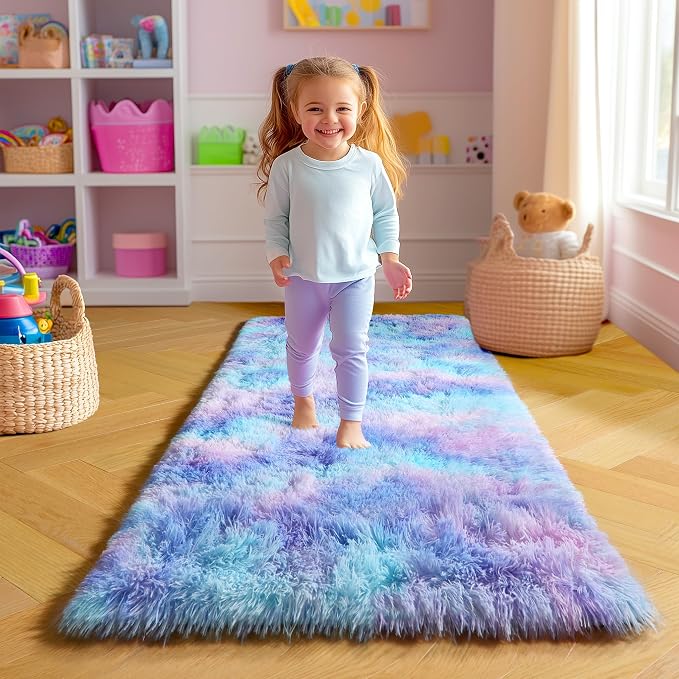 Amdrebio Purple Rainbow Mermaid Fluffy Runner Area Rug 2x6 - Image 3