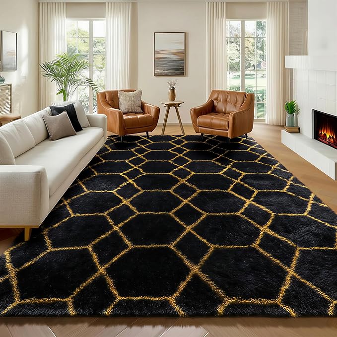 6x9 Area Rugs for Living Room Bedroom, Fluffy Black and Gold Geometric Rug | by ONASAR