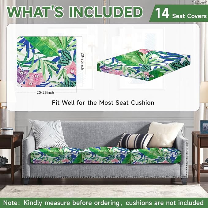 CALBODE 14 Pcs Stretch Sofa Chair Seat Cushion Covers, Tropical Plant | Washable - Image 2