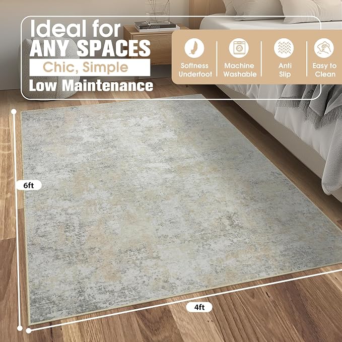 4x6 Area Rugs for Living Room Washable Bedroom Dining Room Beige Grey | Modern - Image 2