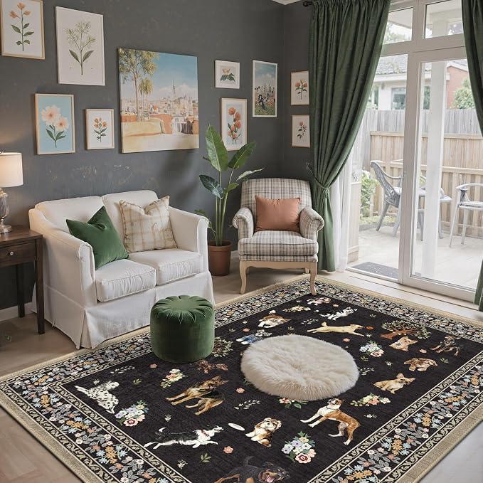 Black Floral Area Rug 4x6 for Bedroom Dining Room | Low Pile; Non Slip;Machine - Image 3