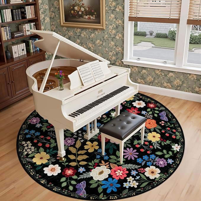 PLHXFR Round Area Rug Living Room: 8 ft Floral Washable Soft Carpet Black | - Image 4