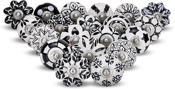 Knobs for Cabinets and Drawers Assorted Black & White Ceramic Cupboard Wardrobe Furniture Knob Door Pull Handles for Dresser Kitchen Wardrobes Boho Home Interior Decor - Pack of 20