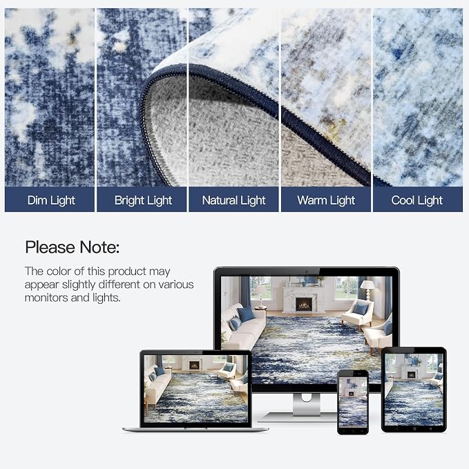 8x10 Area Rug for Living Room, Abstract Washable Large Rugs, Dark Blue | - Image 9