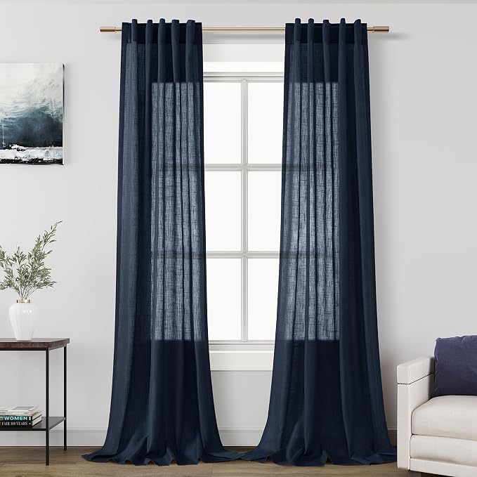 Navy Blue Boho Curtains for Bedroom Back Tab Rod Pocket Semi Sheer Linen by Nanspring