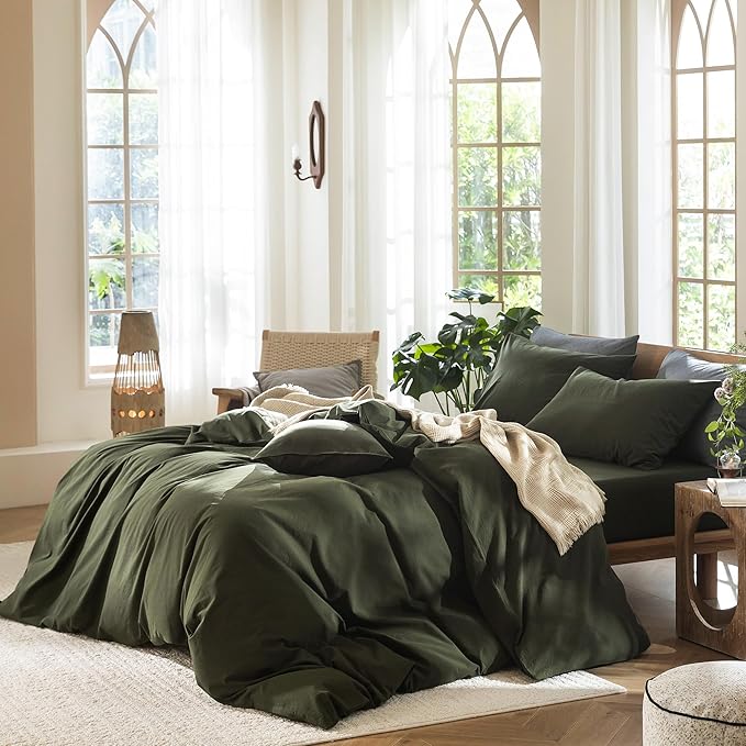 MooMee Bedding Duvet Cover Set 100% Washed Cotton Linen Like Textured Breathable Durable Soft Comfy (Solid Olive Green, Twin 68"x90")