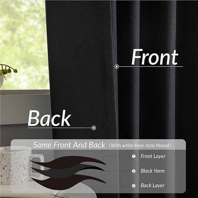 KangBang 100% Blackout Pinch Pleat Linen Curtains 105 Inches Long, Extra Long Pleated Drapes with Hooks, Soft Thick Linen Curtain Panels for Sliding Door Modern Farmhouse,60x105, Black,2 PCs