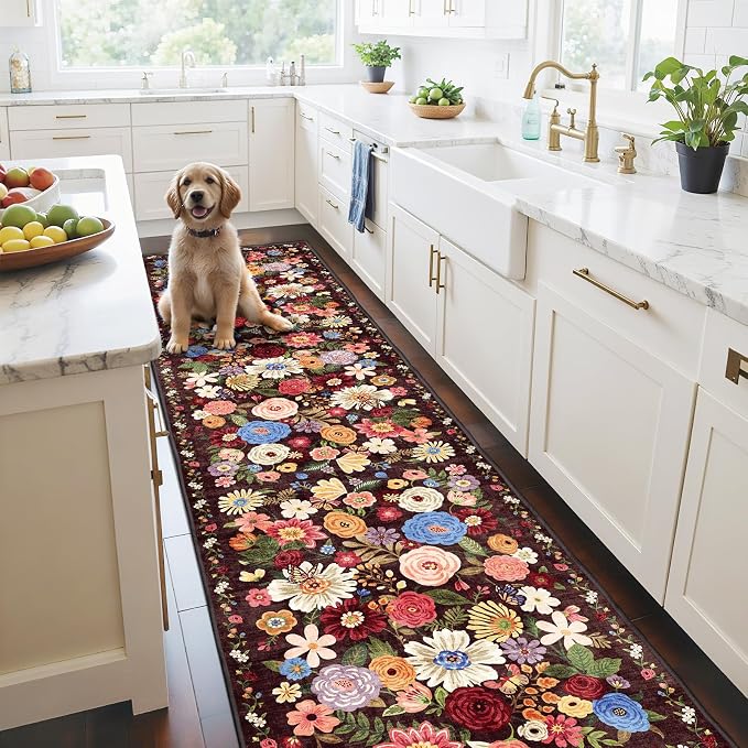 Black Brown Floral Hallway Runner Rug 2'6''x14' - Image 4