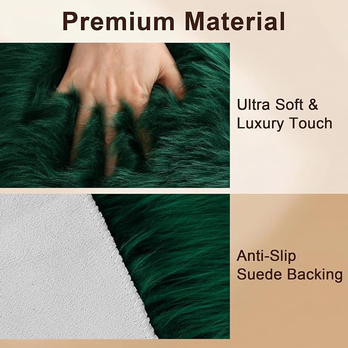 Emerald Green Faux Fur Sheepskin Round Rug 4x4 ft, Fluffy Shag Circle Rug | - Image 3