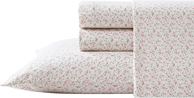 Laura Ashley - Flannel Sheets Queen Size, Anti-Pilling & Wrinkle Resistant Cotton, Touchably Soft for All-Season Comfort - Bed Sheets with Matching Pillowcases & Fitted Sheet (Evie Pink)