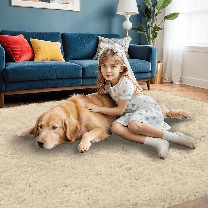 2x6 Fluffy Shag Area Rugs for Living Room Bedroom: Soft Plush Carpet Beige | - Image 3