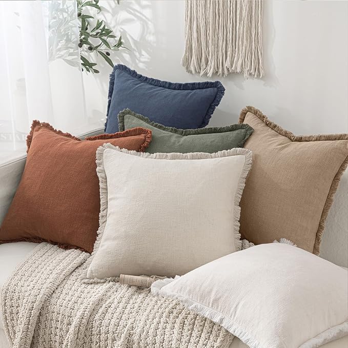 MIULEE Boho Linen Fringe Decorative Throw Pillow Covers Camel 20x20 | Set of 2 - Image 6