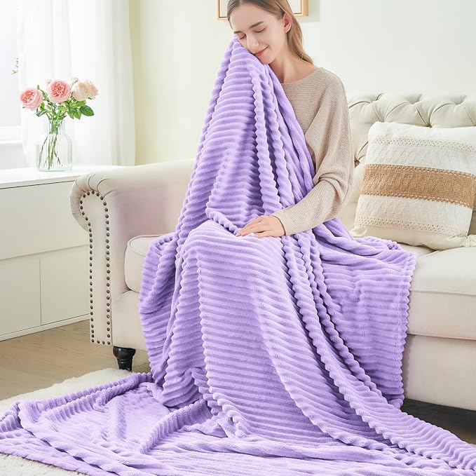 BEDELITE 3D Ribbed Pastel Lilac Fleece Twin Blanket - Image 6