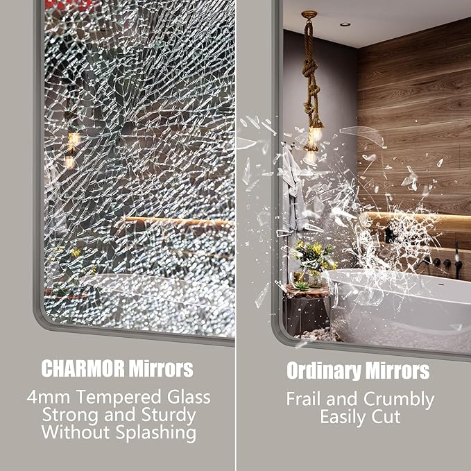 55x40 Silver Brushed Nickel Bathroom Mirror for Wall, Rounded Rectangle Silver Framed Bathroom Vanity Mirror, Anti-Rust, Shatterproof, Hangs Horizontally or Vertically