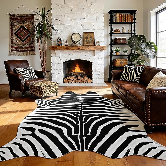 Faux Zebra Rug, Large Zebra Print Rug Animal Hide Rugs, 6.2 x 5.2 Ft | Print by AROGANAREARUG