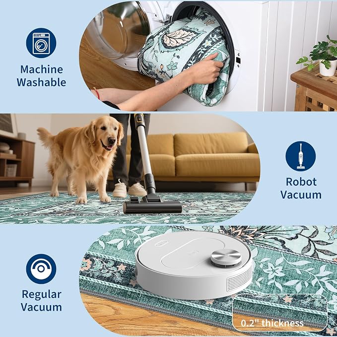 GarveeHome Teal 2x6 Washable Kitchen Runner Rugs Non Slip Provence Botanical - Image 6