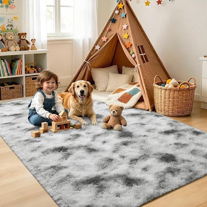 Noahas 4x6 Tie-Dyed Grey and White Fluffy Area Rug Non-Slip - Image 4