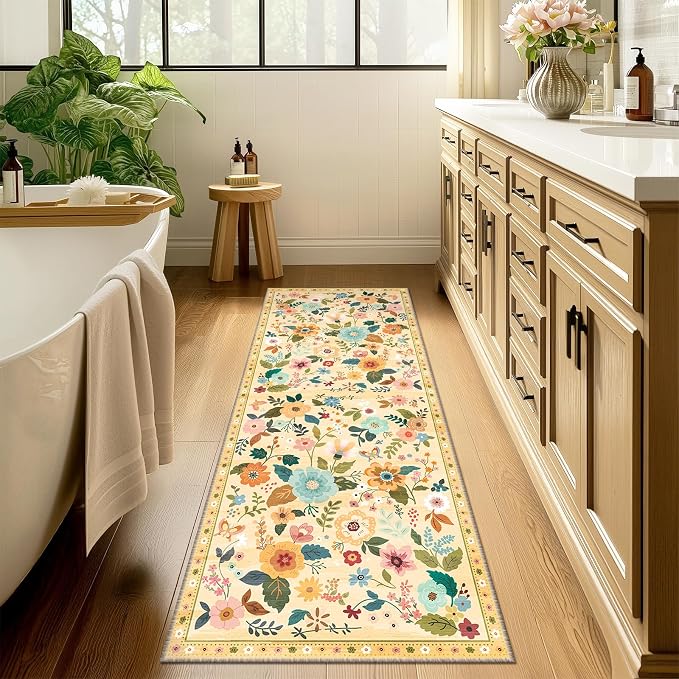 Floral Washable 2x8 Area Rugs Runner Entryway Hallway Ivory/Yellow | Flower - Image 7