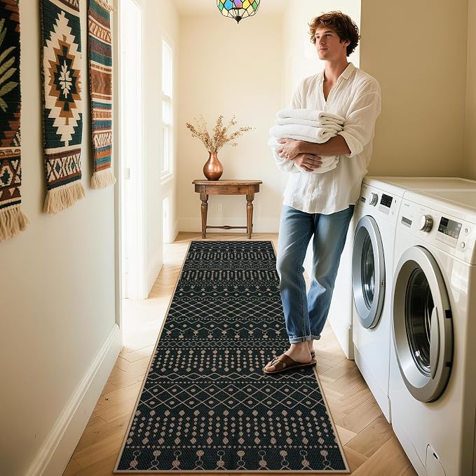Lahome Moroccan Easy Jute Washable Runner Rug, 2x8 Black Kitchen Runner | - Image 7