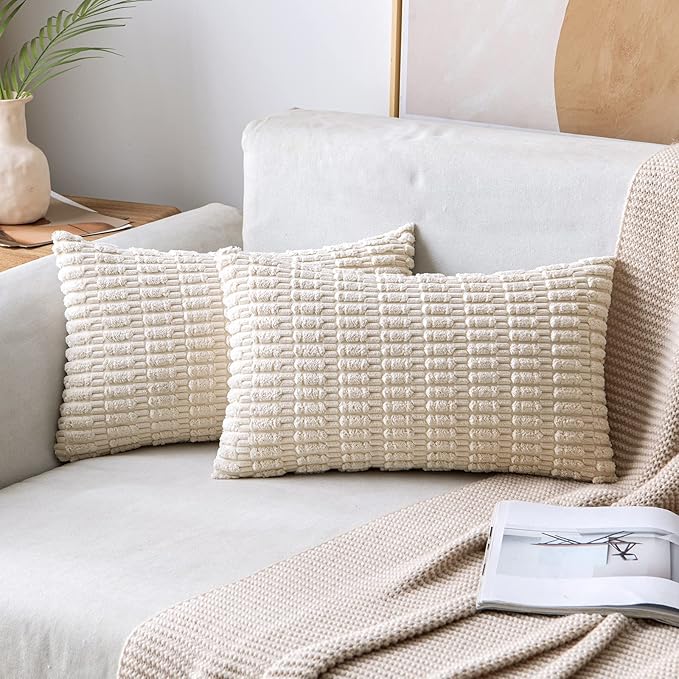 MIULEE Lumbar Corduroy Decorative Throw Pillow Covers 12x20 Cream White | Pack by MIULEE