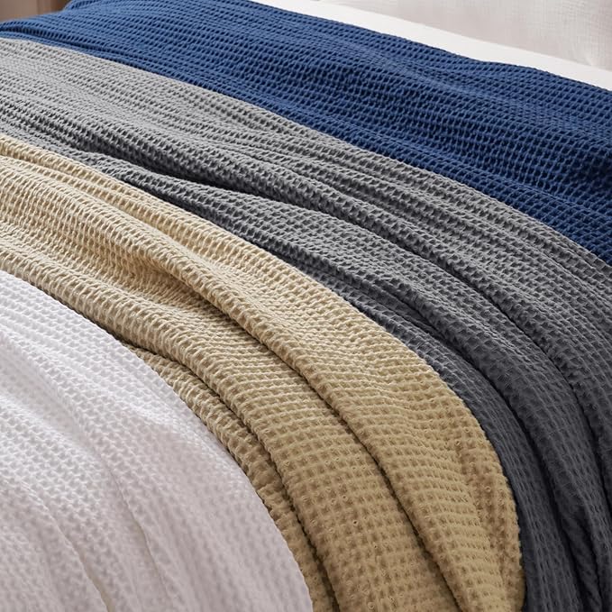 PHF 100% Cotton Waffle Weave Blanket Twin Size for Bed,Snag Proof Lightweight Breathable Throw for Couch,Machine Washable,Great for Layering in Cold Weather,Home Decor Gift-Navy Blue/Bright Blue