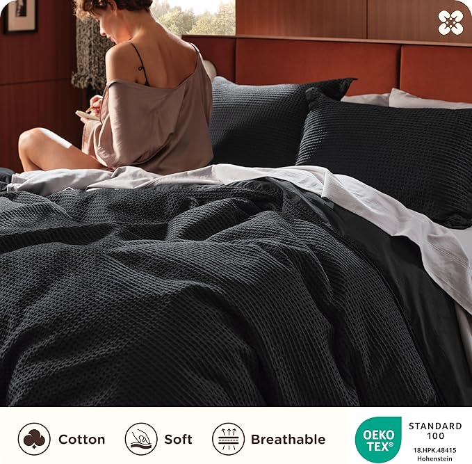 Bedsure Cotton Duvet Cover Queen Size - 100% Cotton Waffle Weave Black Duvet Cover Queen Size, GentleSoft™ and Breathable Bedding Set for All Season, 3 Pieces, 90"x90"