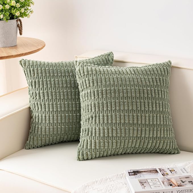 Pack of 2 Corduroy Decorative Throw Pillow Covers 18x18 Inch, Sage Green | Fall by Unknown