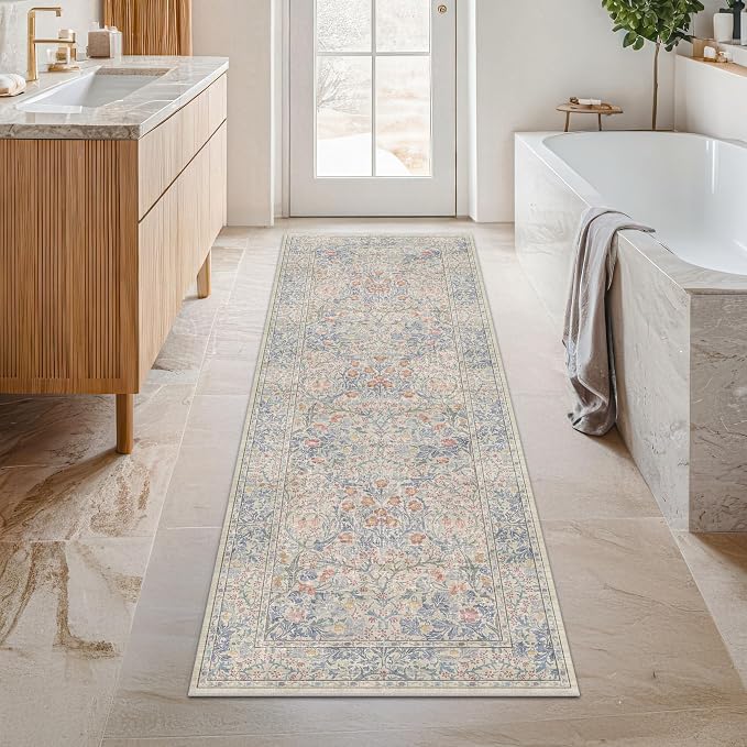 Non Slip Beige Blue Hallway Runner Rug by HazoHaus