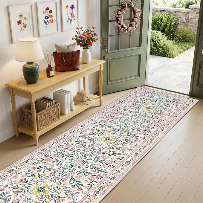 PLHXFR 2.6x14 Washable Runner Rug：Floral Indoor Kitchen Carpet Pink Green | - Image 2