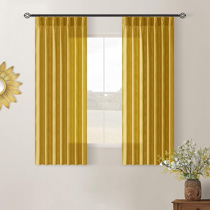 Mustard Yellow Pinch Pleated Linen Sheer Curtains 45 Inch Length 2 Panels | by Twodrapes