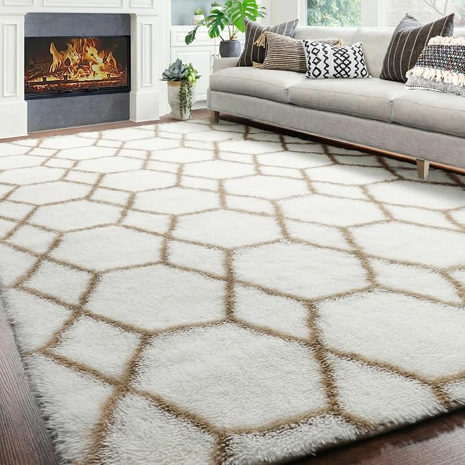 Area Rugs for Bedroom Living Room, 4x6 Fluffy White and Beige Geometric Rug | - Image 7