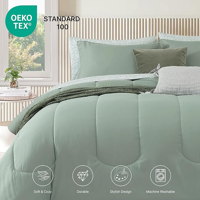 Monbix Queen Comforter Set - 7 Pieces Sage Green Bed in a Bag Queen Track Stitching Bedding Sets, All Seasons Down Alternative Comforter Bed Set with Sheets,Pillowcases & Shams