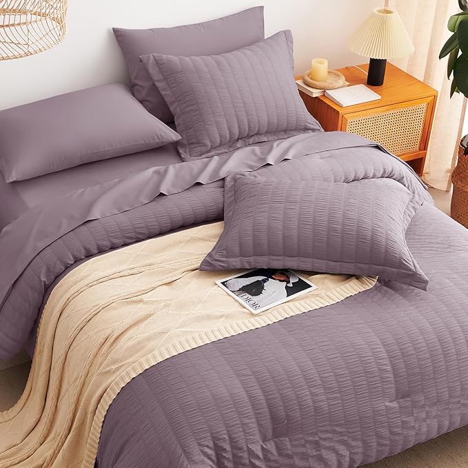 CozyLux Full Size Comforter Sets with Sheets Seersucker 7 Pieces Dusty Purple Bed in a Bag Textured Luxury Soft Bedding Set with Down Alternative Comforter, Sheets, Pillowcases & Shams for All Seasons