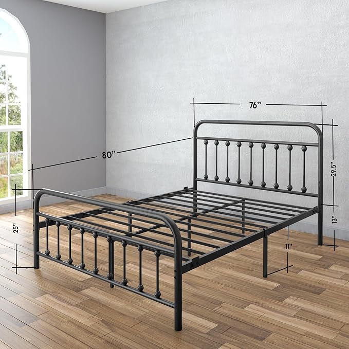 Golden Gate Beds Victorian Vintage Style King Size Metal Bed Frame with Wrought Iron Headboard and Footboard – Classic Platform Bed with 11" Storage Space, No Box Spring Required, Black Finish