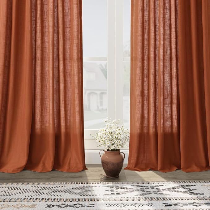 Extra Long Linen Curtains 108 Inches Long 2 Panel Set Back Tab Terracotta Boho - Image 5