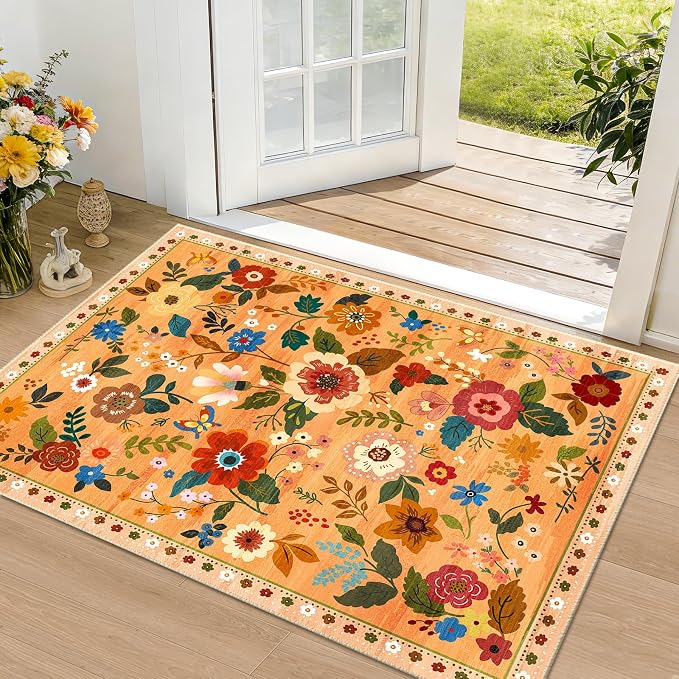 RELEANY Floral Washable 2x3 Area Rugs Doormat Yellow/Orange/Red | Flower Carpet - Image 2