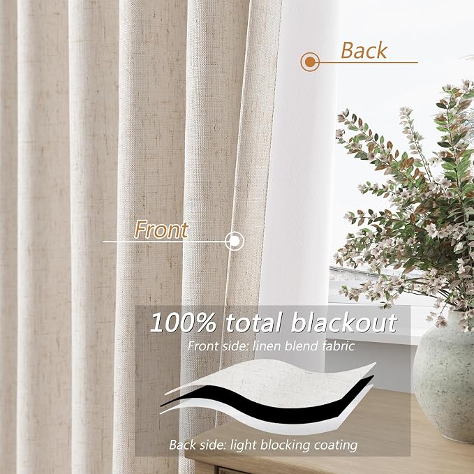 100% Blackout Linen Curtains 80 Inch Length 2 Panels Set - Image 3