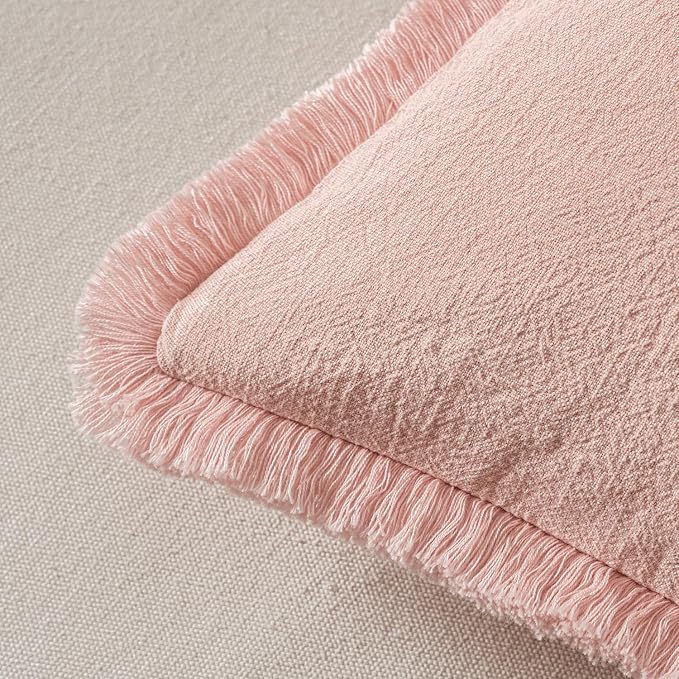 MIULEE Boho Linen Fringe Decorative Throw Pillow Covers Pink 20x20 | Set of 2 - Image 3