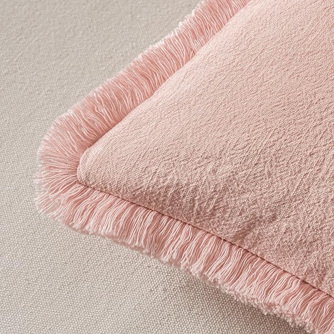 MIULEE Boho Linen Fringe Decorative Throw Pillow Covers Pink 18x18 | Set of 2 - Image 3