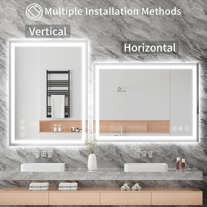 Koonmi 26x38 LED Bathroom Mirror, Backlit + Front Lit, LED Bathroom Mirror with Lights for Wall, 3 Colors, Anti-Fog, Dimmable Brightness, Memory Function, Tempered Glass