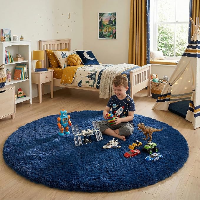 Amdrebio Navy Blue Large Fluffy Round Rug 7Ft - Image 7