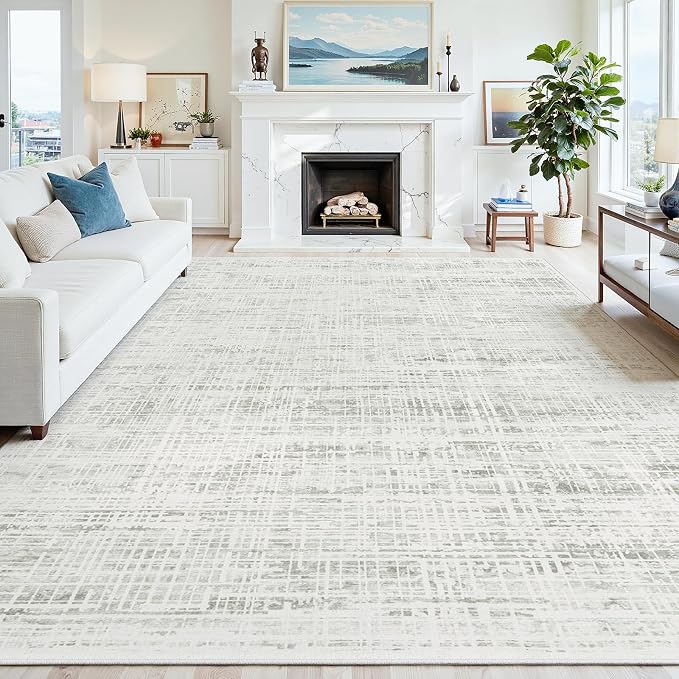 9x12 Washable Area Rug for Living Room Bedroom: Non-Slip Modern White Gray | by Oriannal