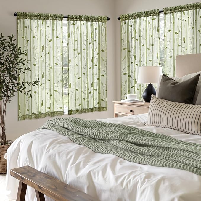 MIULEE Sage Green Sheer Curtains 2 Panels Leaf Patterned, W52 x L45 | - Image 7