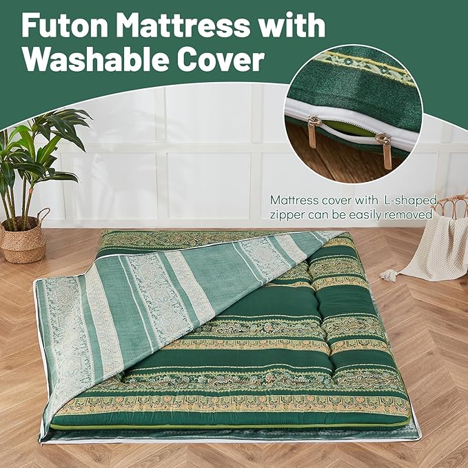 Japanese Floor Mattress, Futon Mattress with Portable Storage Bag and Washable Cover, Roll Up Thick Tatami Mat Suitable for Camping, Guest Room (Boho Green, Full)