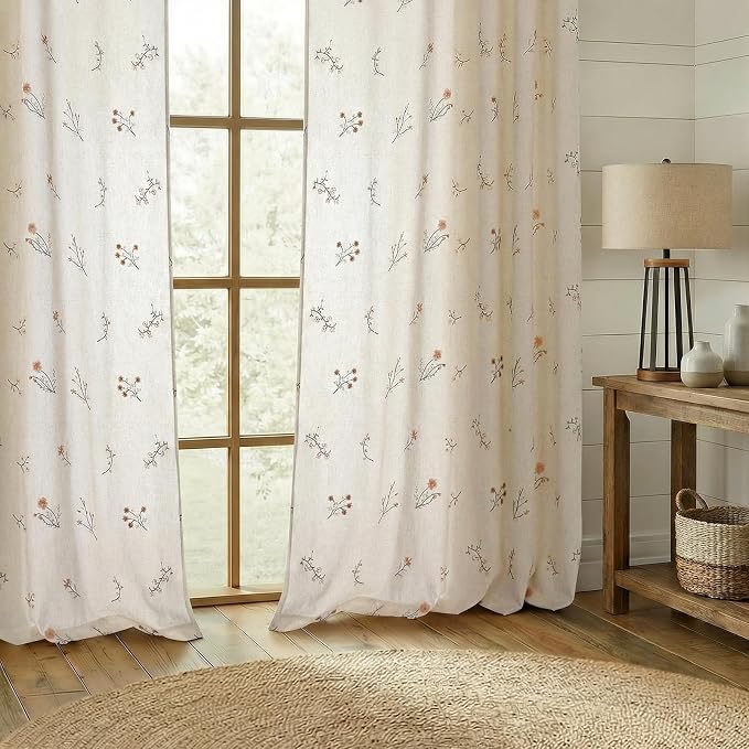 Floral Embroidered Light Filtering Curtains 84 Inch 2 Panels | Linen Blend - Image 2