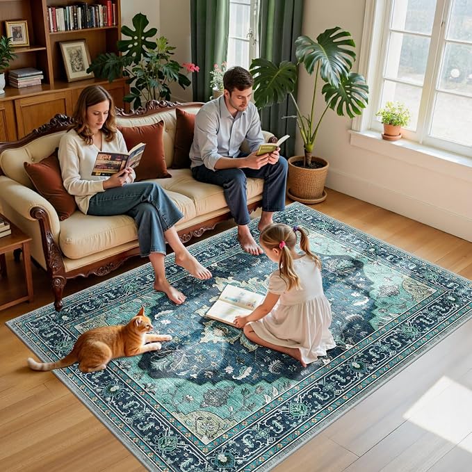 RELEANY Washable Area Rug, Teal | Non-Slip, Water Repellent, Pet Friendly - Image 3