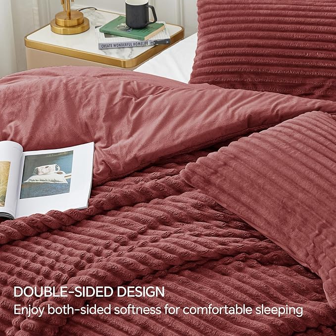 BEDELITE Fleece California King Comforter Set -Super Soft & Warm Fluffy Burgundy Bedding, Luxury Fuzzy Heavy Bed Set for Winter with 2 Pillow Cases