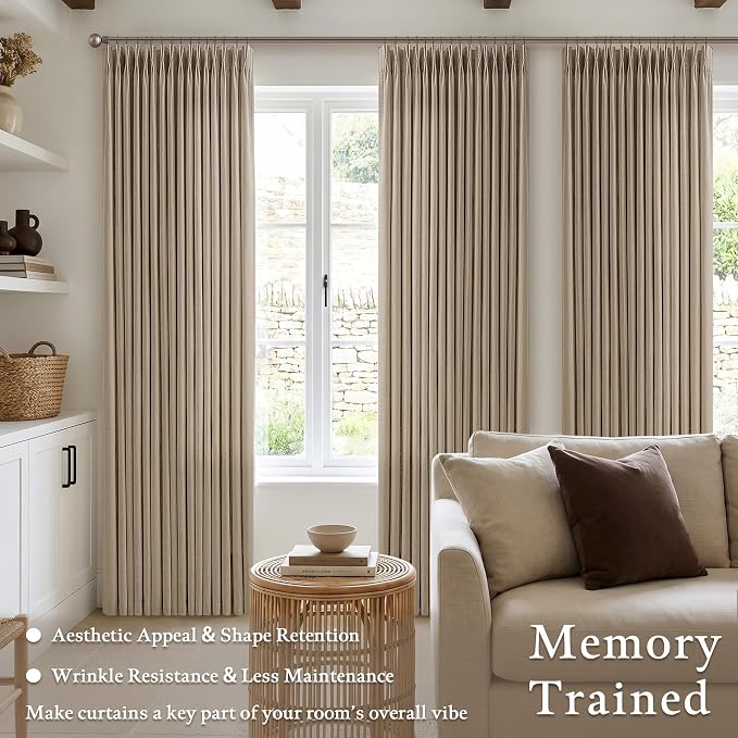 80 Inch Grey Beige Linen Pleated Memory Shaped Semi Sheer Curtains 50WxL80 | - Image 5