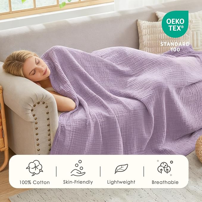 EMME Cotton Blanket Queen Size for Bed Soft Large Muslin Bed Blankets 90"x90" - Image 3