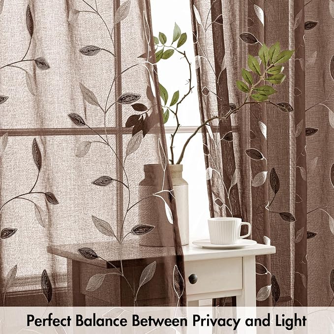 MIULEE Chocolate Brown Sheer Curtains 2 Panels Leaf Patterned, W52 x L63 | - Image 5